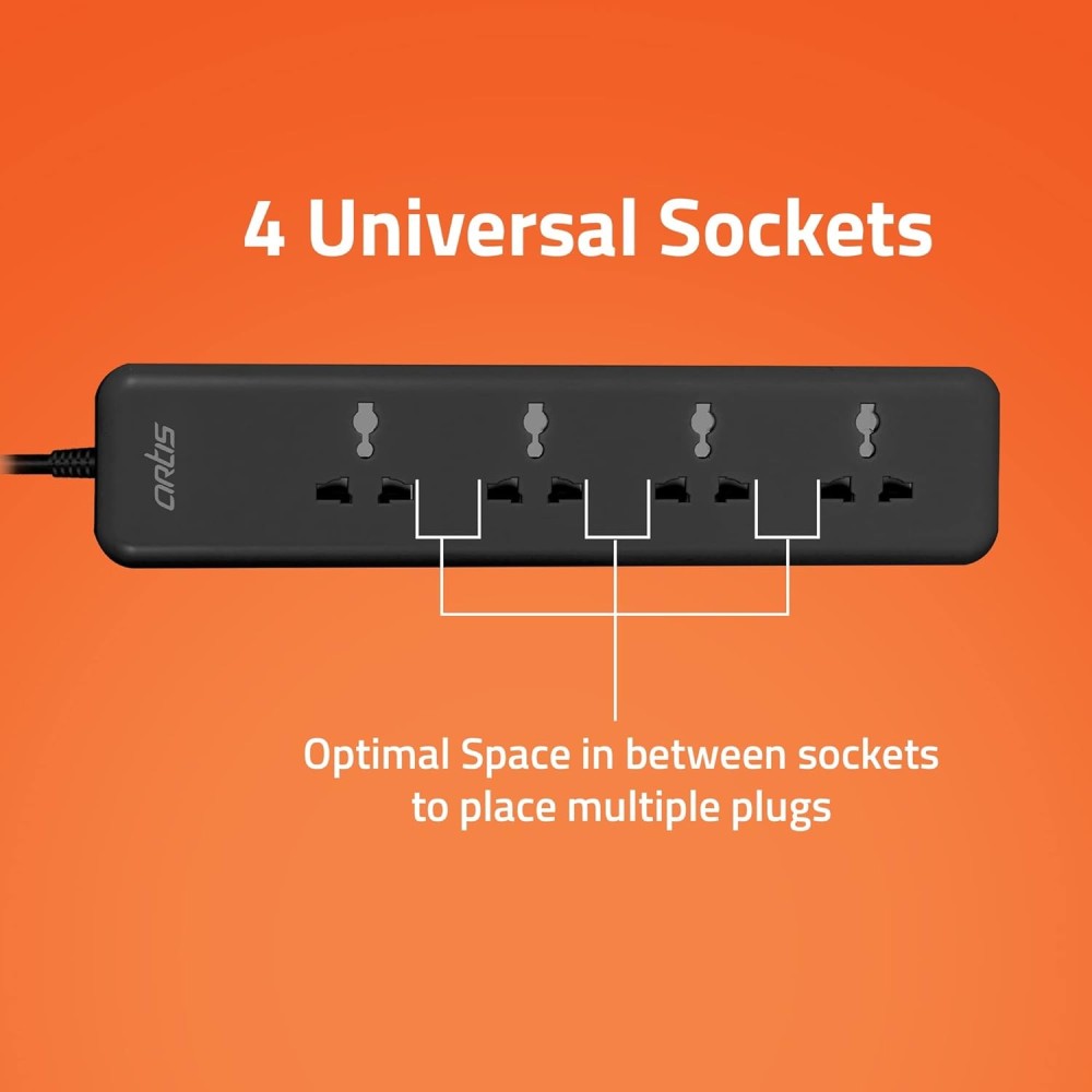 Artis AR-4SS-CB 4 Universal Sockets with Single Switch Surge Protector & Child Safe Shutter Protection Black
