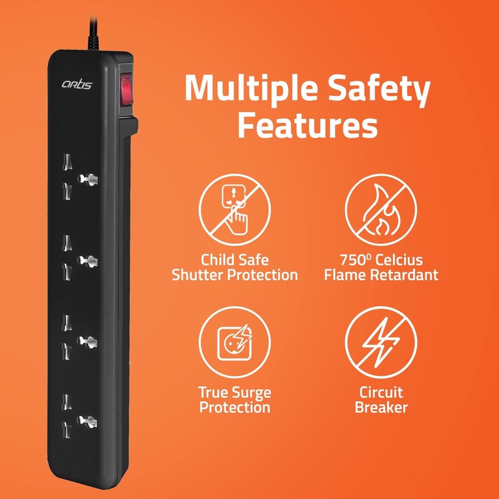 Artis AR-4SS-CB 4 Universal Sockets with Single Switch Surge Protector & Child Safe Shutter Protection Black