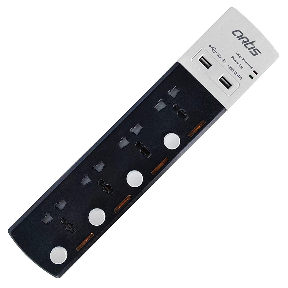 Artis AR-4MSU-CB 4 Universal Sockets & 2 USB with Individual Switch Surge Protector(Black).