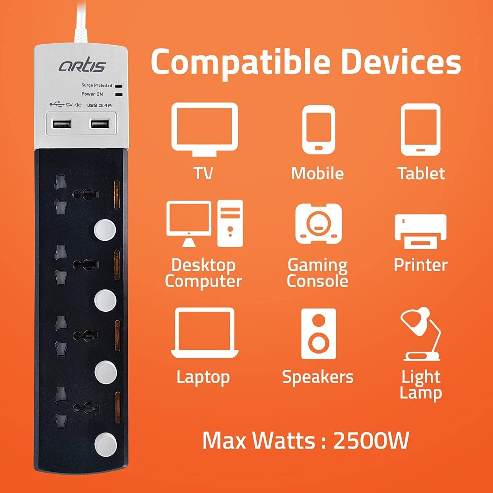 Artis AR-4MSU-CB 4 Universal Sockets & 2 USB with Individual Switch Surge Protector(Black).