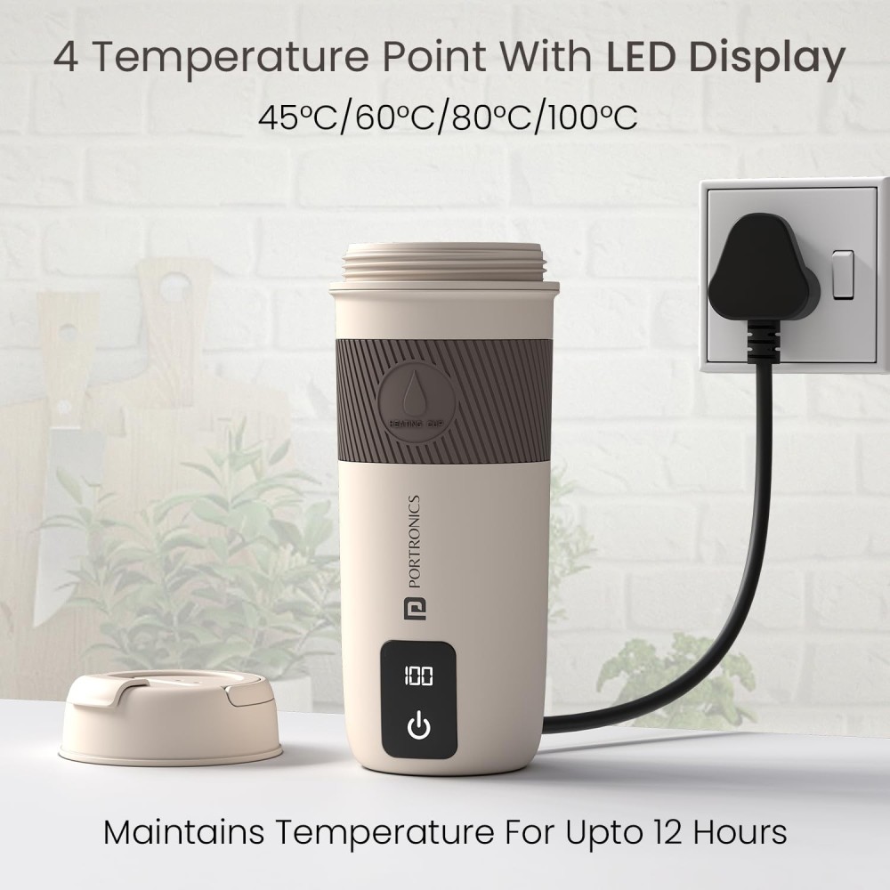 Portronics Thermosip 400ml Portable Electric Travel Kettle with Vacuum Insulation, 300W Fast Heating, Digital Display, Cool-Touch Body & Auto Shut-Off – Hot Water, Tea & Coffee Maker