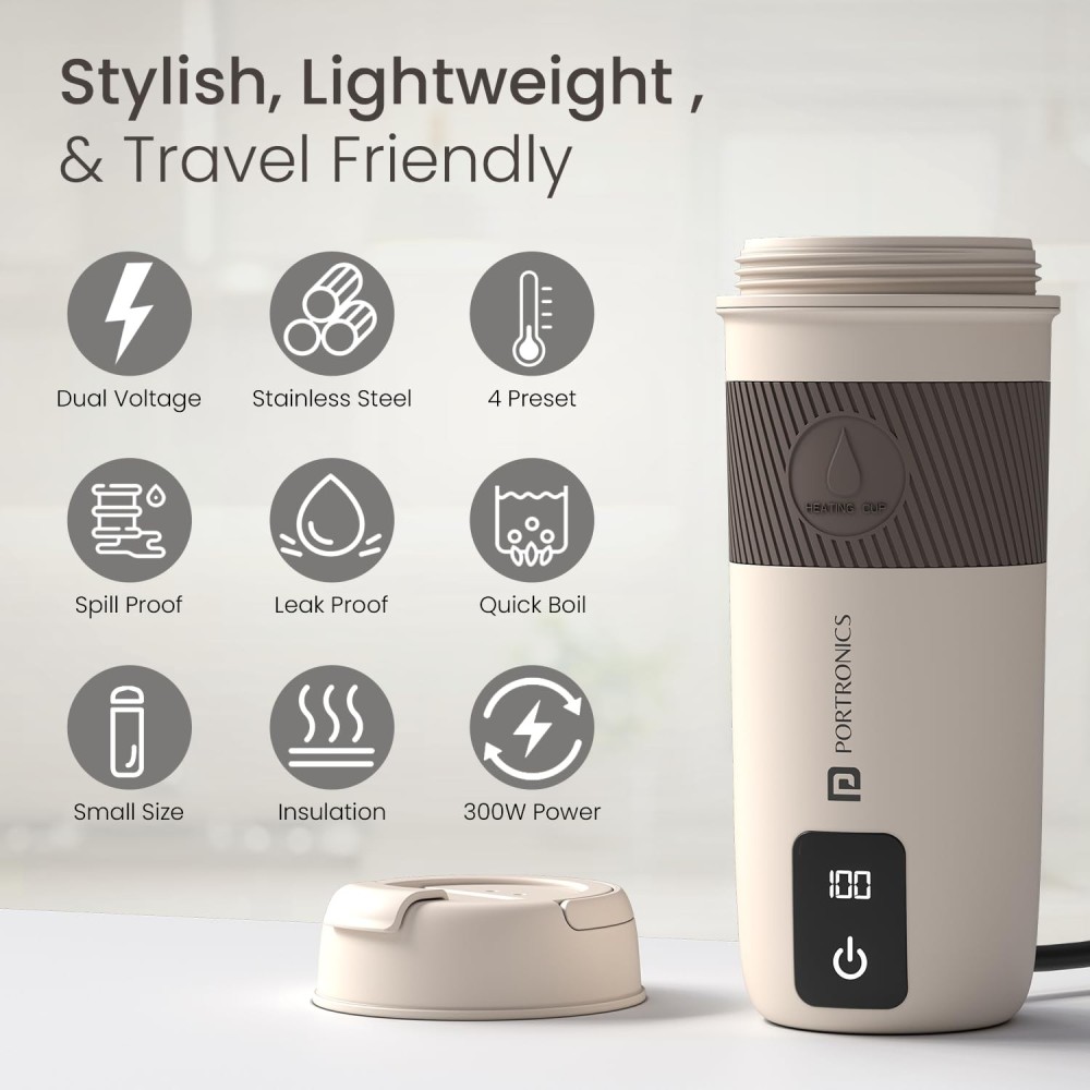 Portronics Thermosip 400ml Portable Electric Travel Kettle with Vacuum Insulation, 300W Fast Heating, Digital Display, Cool-Touch Body & Auto Shut-Off – Hot Water, Tea & Coffee Maker