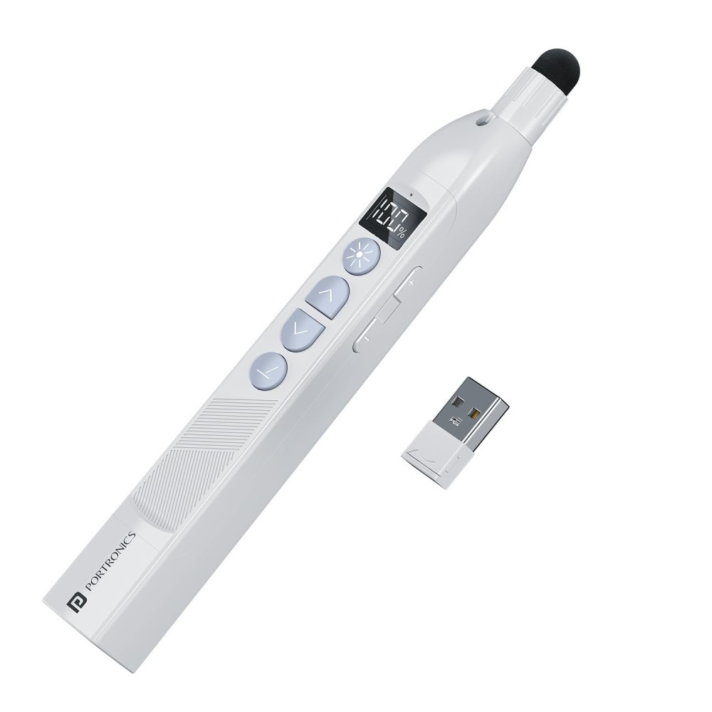 Portronics SlideMate 2 Wireless Presenter Remote with Rechargeable Battery, Slide Changer Buttons, USB Receiver & Telescopic Extendable Pointer Stylus, Presentation Pen for Laptop & PC – (White)