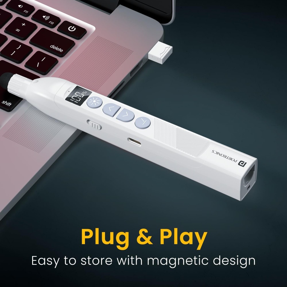 Portronics SlideMate 2 Wireless Presenter Remote with Rechargeable Battery, Slide Changer Buttons, USB Receiver & Telescopic Extendable Pointer Stylus, Presentation Pen for Laptop & PC – (White)