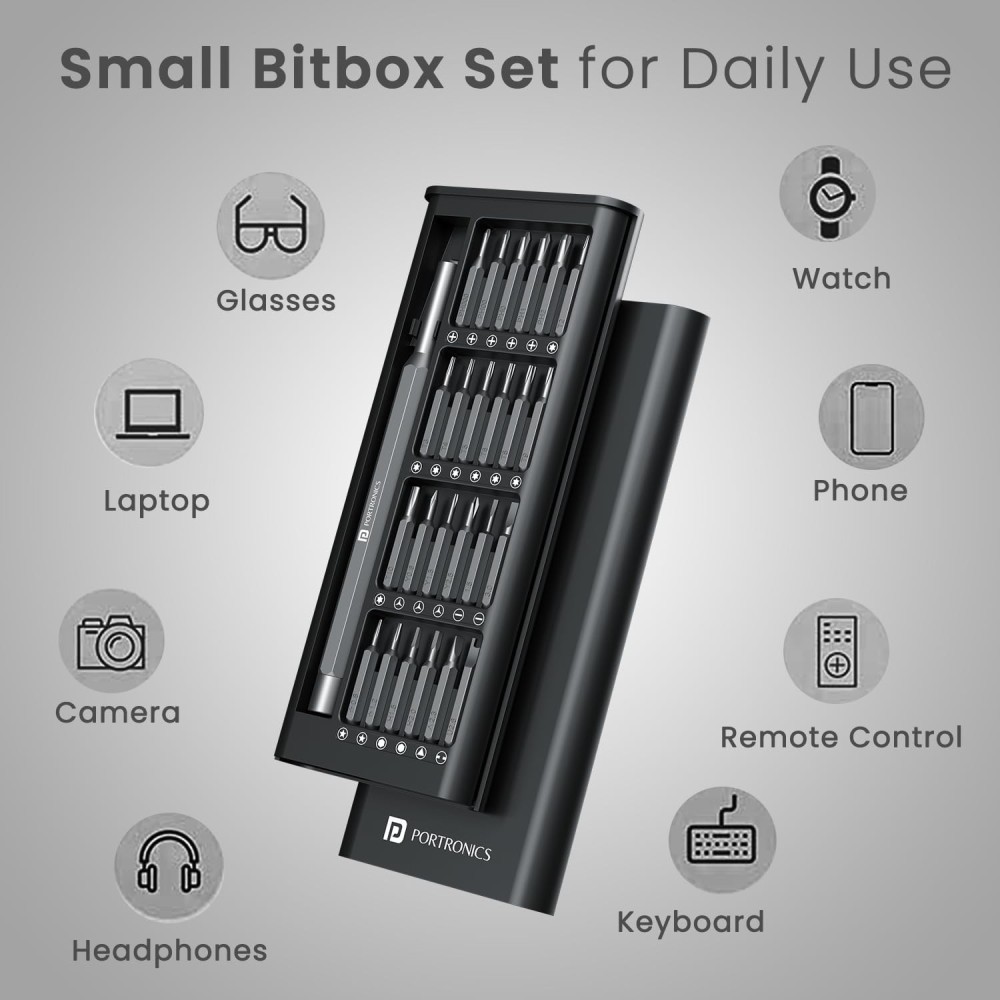 Portronics Bit Box 24-in-1 Precision Screwdriver Set with Magnetic Bit Holder, Compact & Durable Multi-Tool Kit for Household, Electronics, Laptop, Mobile & Auto Repair – (Black)