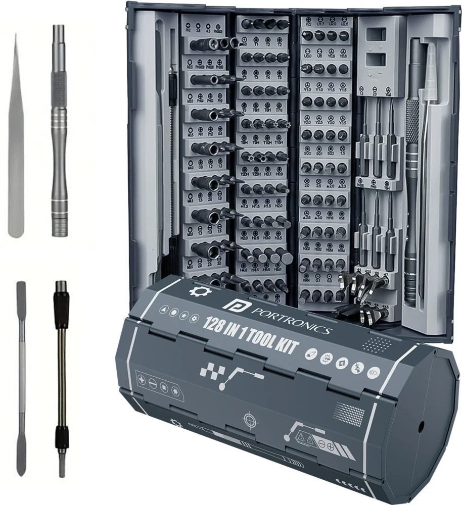 Portronics Bit Box 2 128-in-1 Screwdriver Kit with Magnetic Handle & Flexible Extension Rod, Multi-Bit Precision Tool Set for Home, Electronics, Auto & DIY Repairs – (Grey)