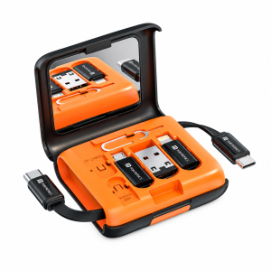 Portronics Snapcase 5 60W Multifunctional Fast Charging Data Cable Kit With Retractable Cable, Conversion Set USB A & Type C to Male Micro/Lightning,Sim Storage,Sim Eject Pin, Makeup Mirror