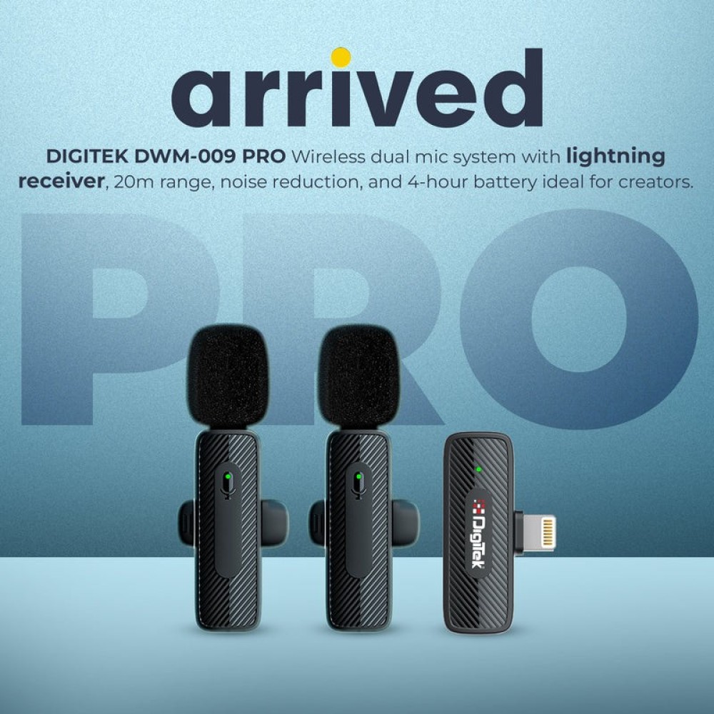 Digitek® (DWM 009 PRO) 2.4G 1 Receiver with Lightning Connector & Dual Respondent 2 Microphone, for iPhone X/11/12/13/14 Series.