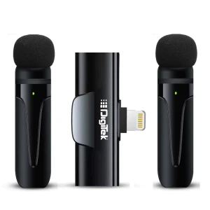 Digitek® (DWM 004) Wireless Microphone with Receiver Set, 2 Mics + 1 Receiver, Lightning Connector, 4 Hours Working Time, 10m Wireless Range, for Audio Recording, Live Streaming, Video Recording, for iPhone X/11/12/13/14 Series.