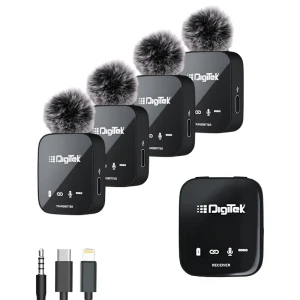 Digitek® (DWM 111) 4 Channel Wireless Microphone System, 360° Ultra Voice Capture & 2.4GHz, Plug & Play, 50m Range, Noise Reduction, Use with DSLR, Smartphone & Laptops, for Podcast, Vlog & Videoshoot!.