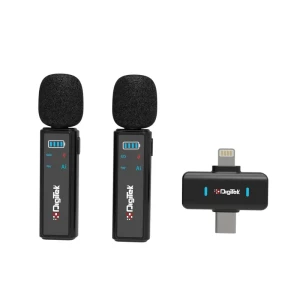 Digitek® (DWM 021) Wireless Clip-On Microphone with AI Noise Cancellation | Dual Mic (2 Transmitters, 1 Receiver) | 2.4GHz Low Latency, 40m Range | Type-C & Lightning