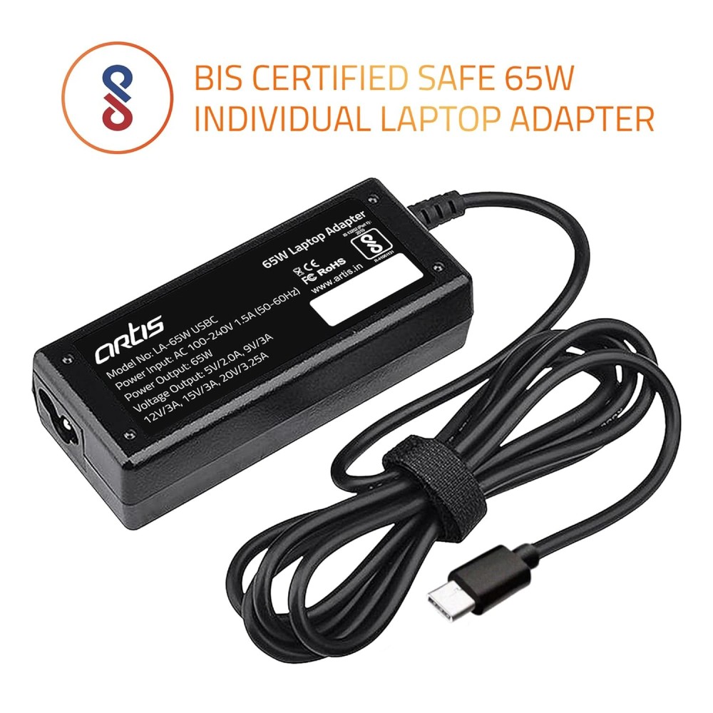 Artis 65W USB Type C Compatible Laptop Adapter with Power Cable