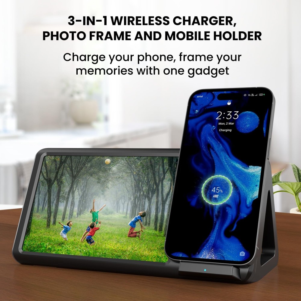 Portronics Freedom 5 15W Wireless Charger with Photo Frame for iPhone 12 & Above – Magnetic Fast Charging Stand-(Black)