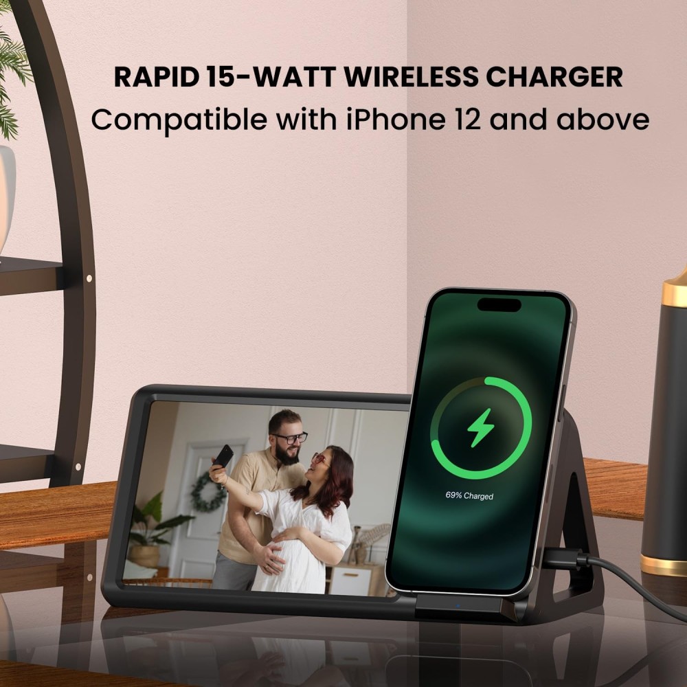 Portronics Freedom 5 15W Wireless Charger with Photo Frame for iPhone 12 & Above – Magnetic Fast Charging Stand-(Black)
