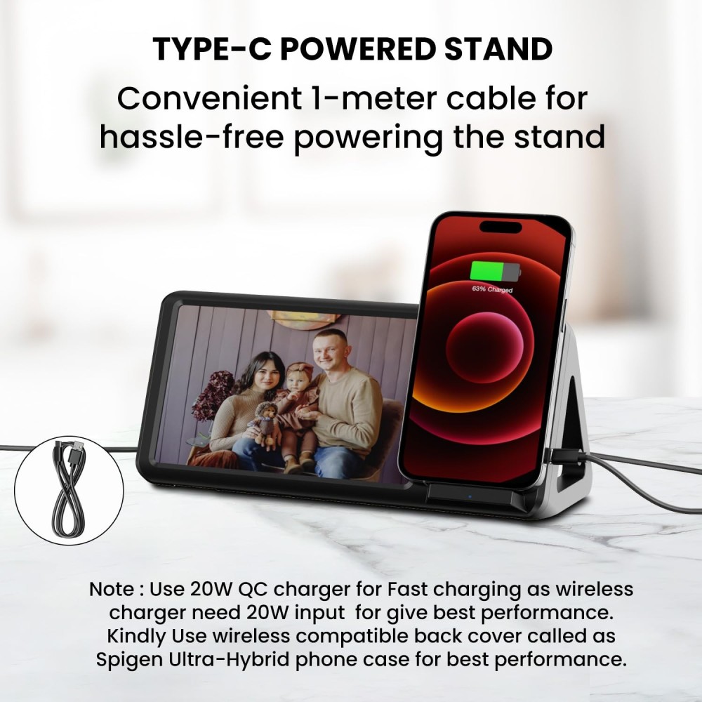 Portronics Freedom 5 15W Wireless Charger with Photo Frame for iPhone 12 & Above – Magnetic Fast Charging Stand-(Black)