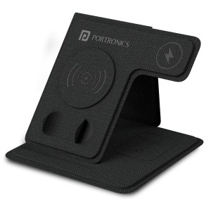 Portronics Freedom Fold 3 15W 3-in-1 Foldable MagSafe Compatible Wireless Charger for iPhone 12 & Above, Apple Watch & AirPods with 1M USB Type-C Cable, Premium PU Leather-(Black)