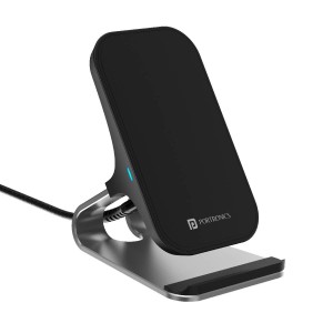 Portronics Freedom 15 Plus 15W Wireless Charger Stand | Fast Charging Desktop Mobile Stand with Dual Coil, Aluminum Alloy, USB Cable - (Silver)