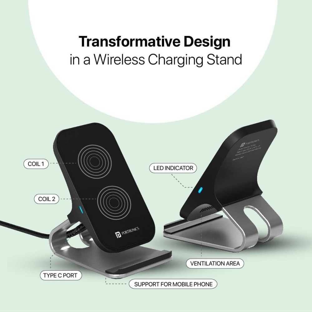 Portronics Freedom 15 Plus 15W Wireless Charger Stand | Fast Charging Desktop Mobile Stand with Dual Coil, Aluminum Alloy, USB Cable - (Silver)