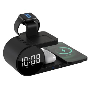 Portronics Freedom 6 15W Wireless Charger 6-in-1 Fast Charging Station with Clock & Alarm for iPhone, Samsung, Earbuds & Smartwatch-(Black)