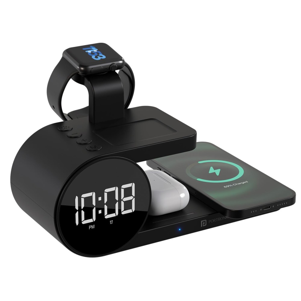 Portronics Freedom 6 15W Wireless Charger 6-in-1 Fast Charging Station with Clock & Alarm for iPhone, Samsung, Earbuds & Smartwatch-(Black)