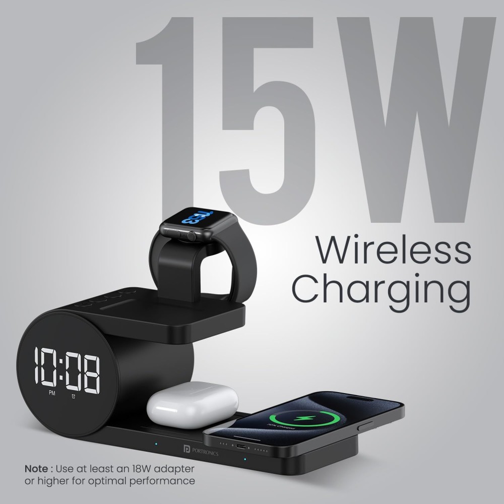 Portronics Freedom 6 15W Wireless Charger 6-in-1 Fast Charging Station with Clock & Alarm for iPhone, Samsung, Earbuds & Smartwatch-(Black)