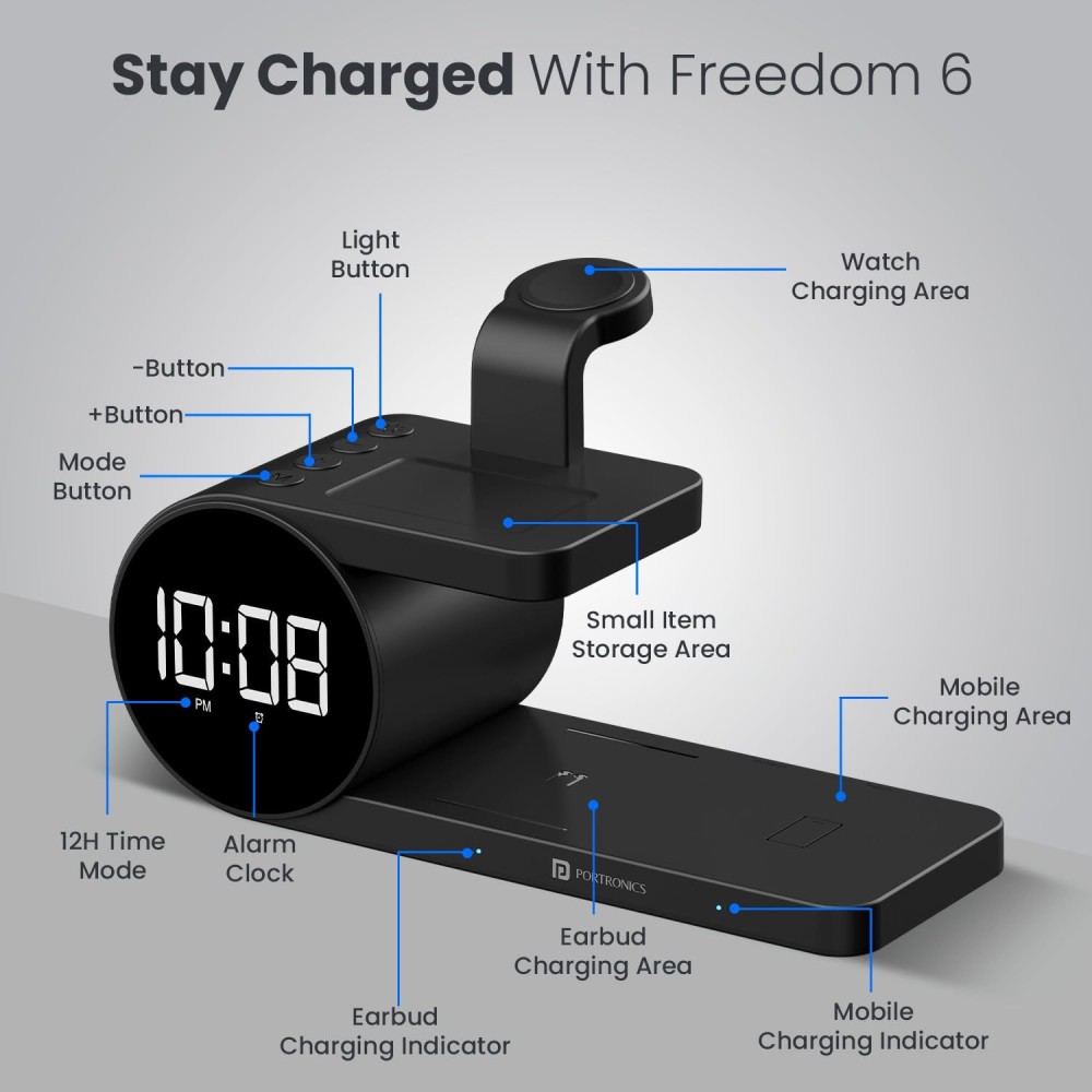 Portronics Freedom 6 15W Wireless Charger 6-in-1 Fast Charging Station with Clock & Alarm for iPhone, Samsung, Earbuds & Smartwatch-(Black)