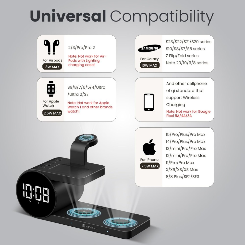 Portronics Freedom 6 15W Wireless Charger 6-in-1 Fast Charging Station with Clock & Alarm for iPhone, Samsung, Earbuds & Smartwatch-(Black)