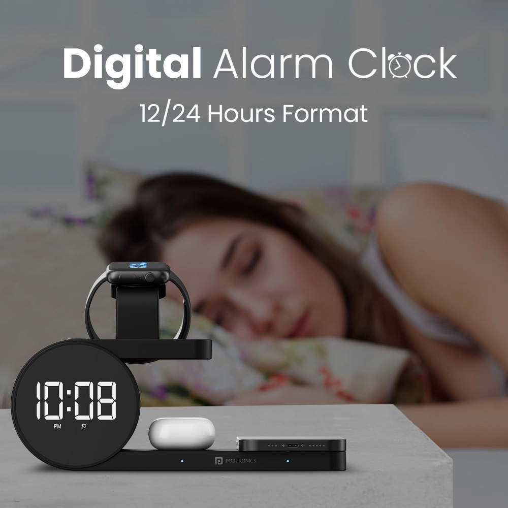 Portronics Freedom 6 15W Wireless Charger 6-in-1 Fast Charging Station with Clock & Alarm for iPhone, Samsung, Earbuds & Smartwatch-(Black)
