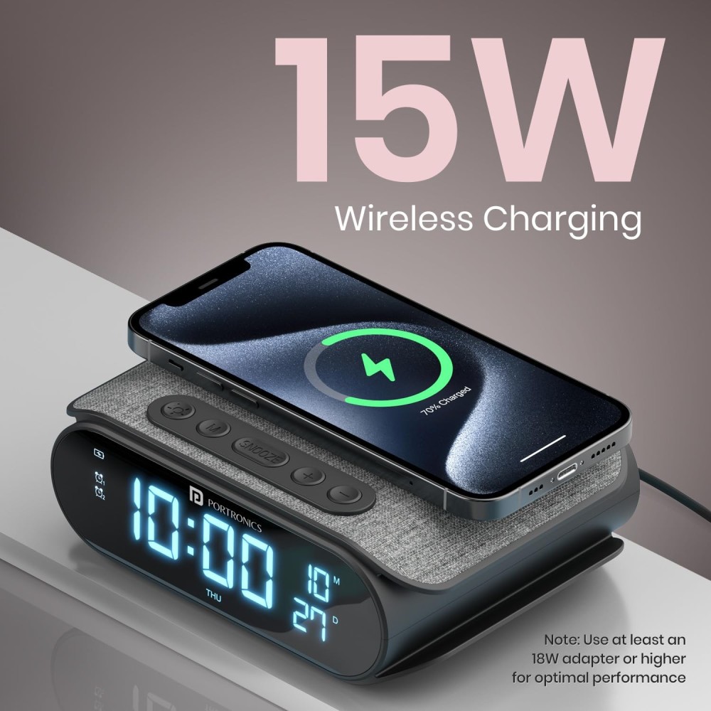 Portronics VoltClock 15W Wireless Fast Charger with Digital Clock, Dual Alarm, Snooze, Temperature Display | Qi Wireless Charging Stand for iPhone, Samsung & All Qi-Enabled Smartphones-(Black)