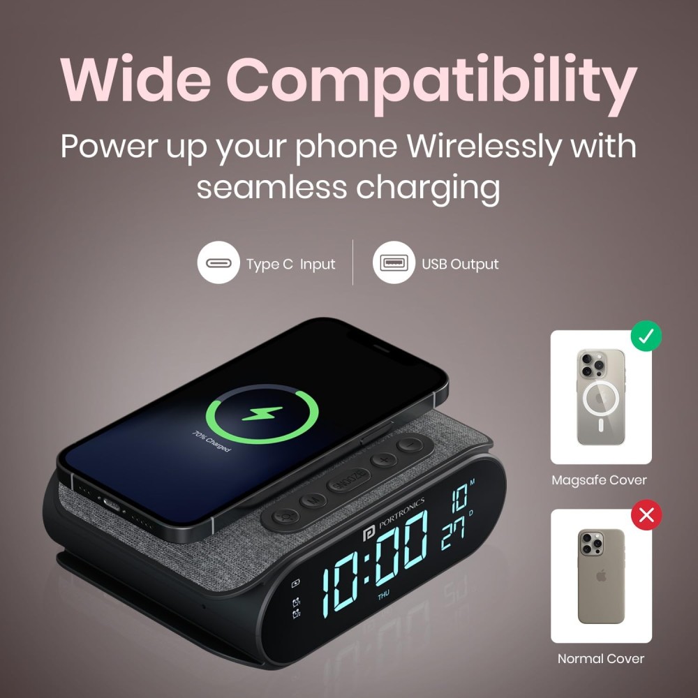 Portronics VoltClock 15W Wireless Fast Charger with Digital Clock, Dual Alarm, Snooze, Temperature Display | Qi Wireless Charging Stand for iPhone, Samsung & All Qi-Enabled Smartphones-(Black)