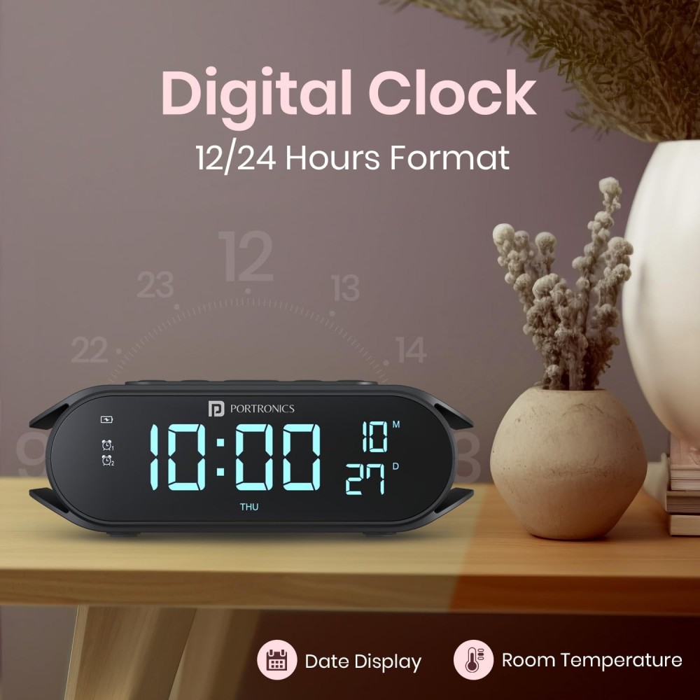 Portronics VoltClock 15W Wireless Fast Charger with Digital Clock, Dual Alarm, Snooze, Temperature Display | Qi Wireless Charging Stand for iPhone, Samsung & All Qi-Enabled Smartphones-(Black)