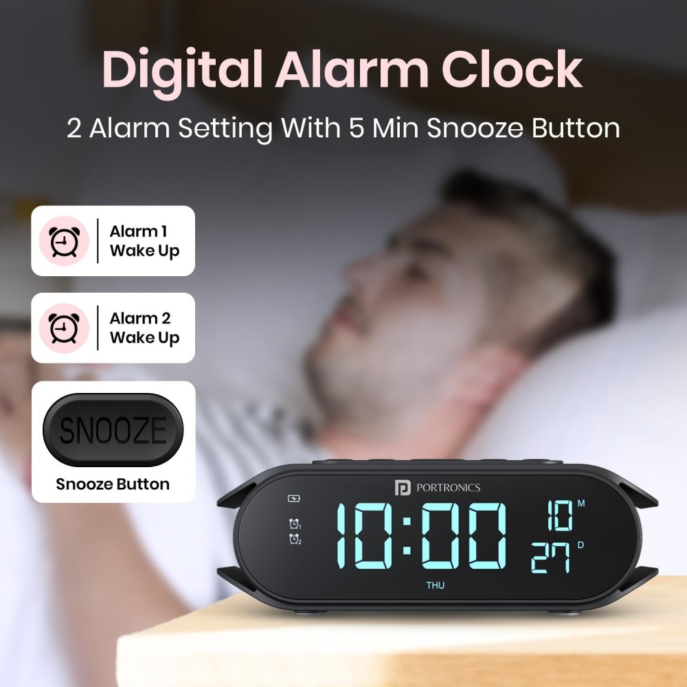 Portronics VoltClock 15W Wireless Fast Charger with Digital Clock, Dual Alarm, Snooze, Temperature Display | Qi Wireless Charging Stand for iPhone, Samsung & All Qi-Enabled Smartphones-(Black)