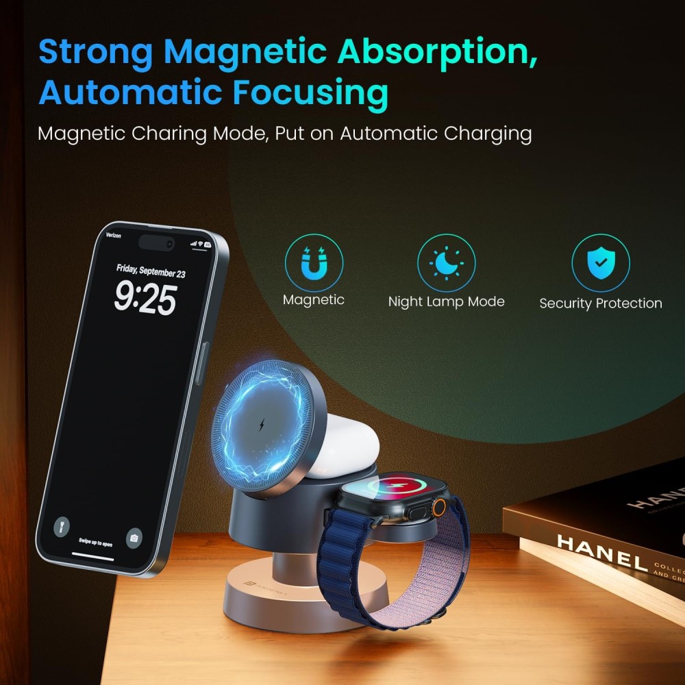 Portronics TriCharge 4-in-1 15W Fast Wireless Charger with Night Lamp | MagSafe Compatible Charging Station for iPhone 16, 15, 14, 13, Apple Watch & AirPods-(Grey)