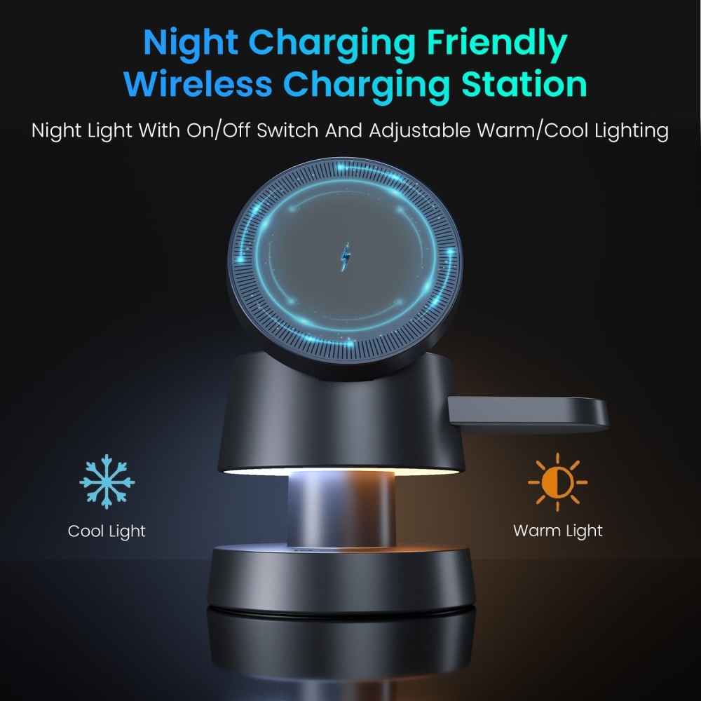 Portronics TriCharge 4-in-1 15W Fast Wireless Charger with Night Lamp | MagSafe Compatible Charging Station for iPhone 16, 15, 14, 13, Apple Watch & AirPods-(Grey)