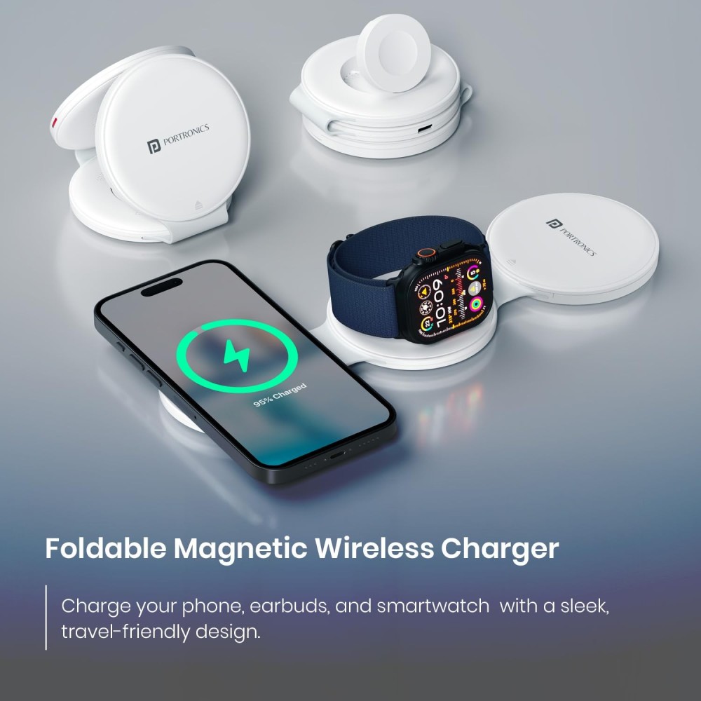 Portronics ChargeMate Trio 3-in-1 Wireless Charger 15W with 60W USB-C Fast Charging Cable Kit | Wireless Charging for iPhone, Android, Earbuds & Smartwatch | Mobile Stand-(White)