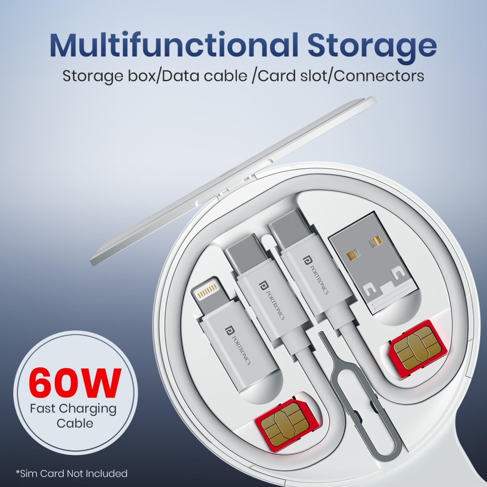 Portronics ChargeMate Trio 3-in-1 Wireless Charger 15W with 60W USB-C Fast Charging Cable Kit | Wireless Charging for iPhone, Android, Earbuds & Smartwatch | Mobile Stand-(White)