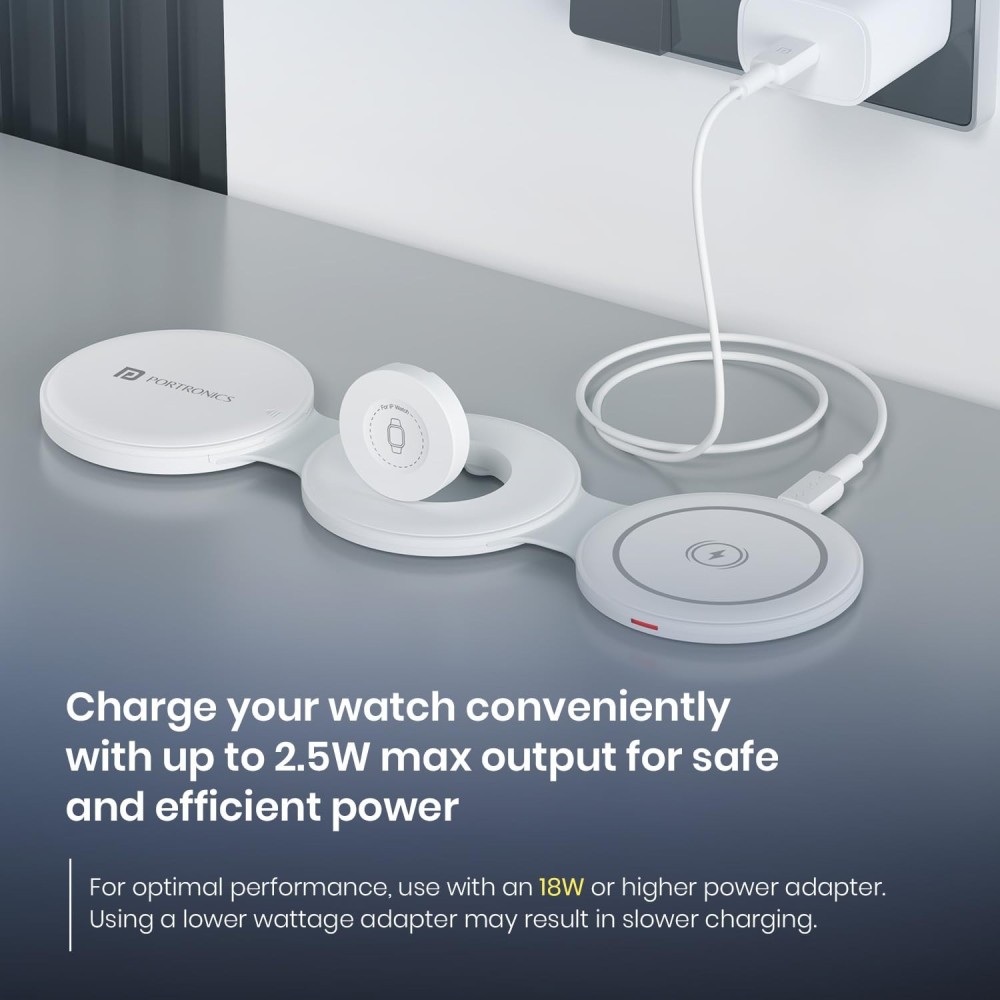 Portronics ChargeMate Trio 3-in-1 Wireless Charger 15W with 60W USB-C Fast Charging Cable Kit | Wireless Charging for iPhone, Android, Earbuds & Smartwatch | Mobile Stand-(White)
