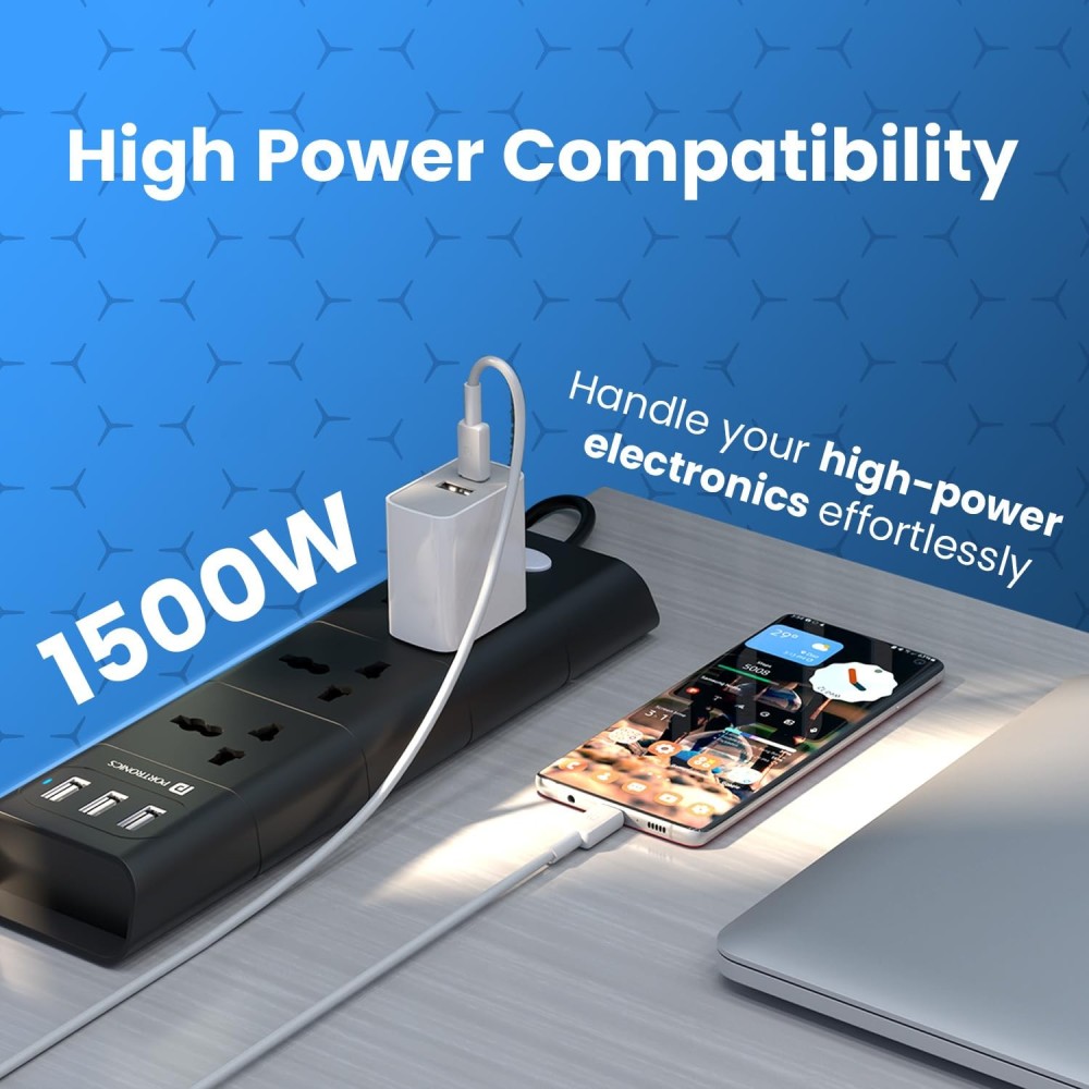 Portronics Power Plate II 1500W Extension Board with 3 USB Ports, 3 Power Sockets, 2M Long Cord & Overload Protection – (Black)