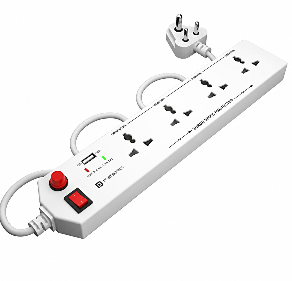 Portronics Power Plate 4 Extension Board 1500W with 4 Universal Sockets, USB Charging Port, 1.5m Cord & Child Safety Shutter – (White)