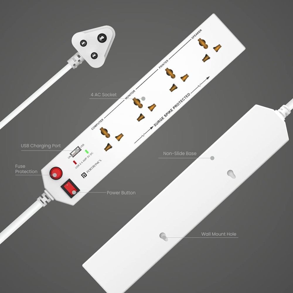 Portronics Power Plate 4 Extension Board 1500W with 4 Universal Sockets, USB Charging Port, 1.5m Cord & Child Safety Shutter – (White)