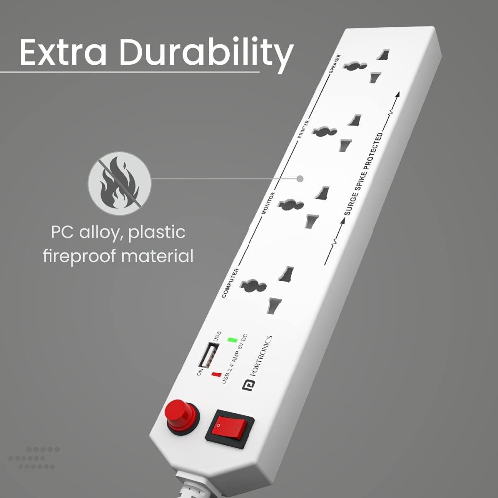 Portronics Power Plate 4 Extension Board 1500W with 4 Universal Sockets, USB Charging Port, 1.5m Cord & Child Safety Shutter – (White)