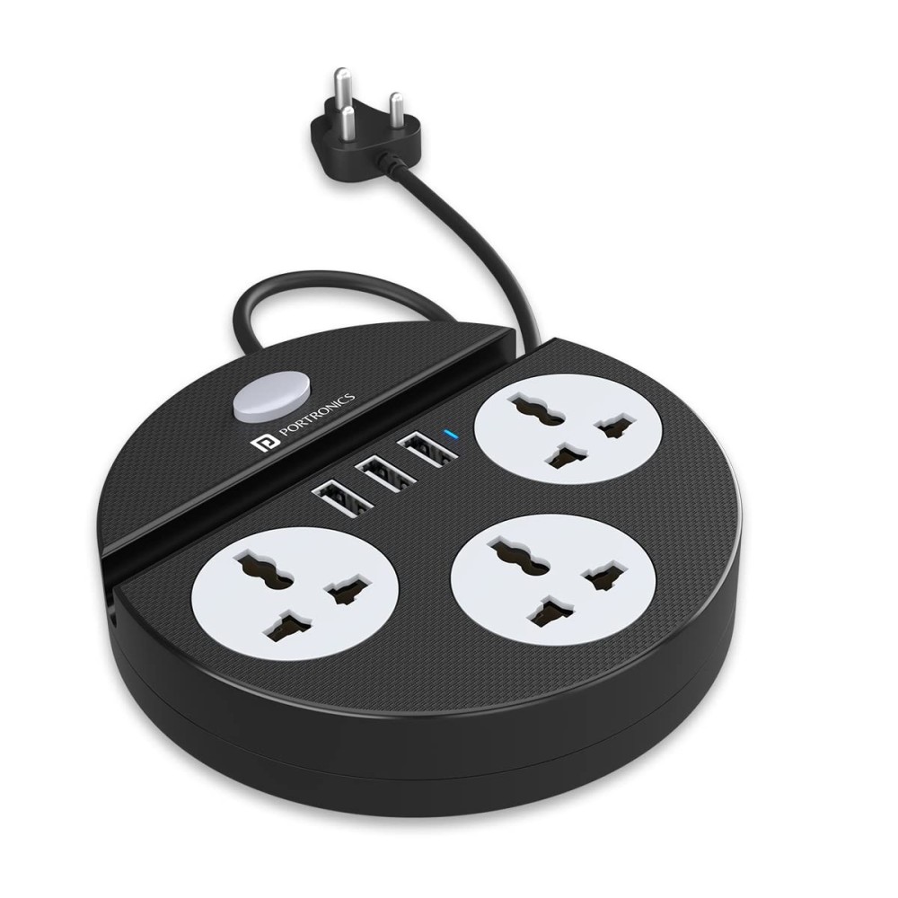 Portronics Power Plate 5 1500W Power Converter Extension Board with 3 AC Sockets, 3 USB Ports, Mobile Holder & 1.5m Power Cord – (Black)