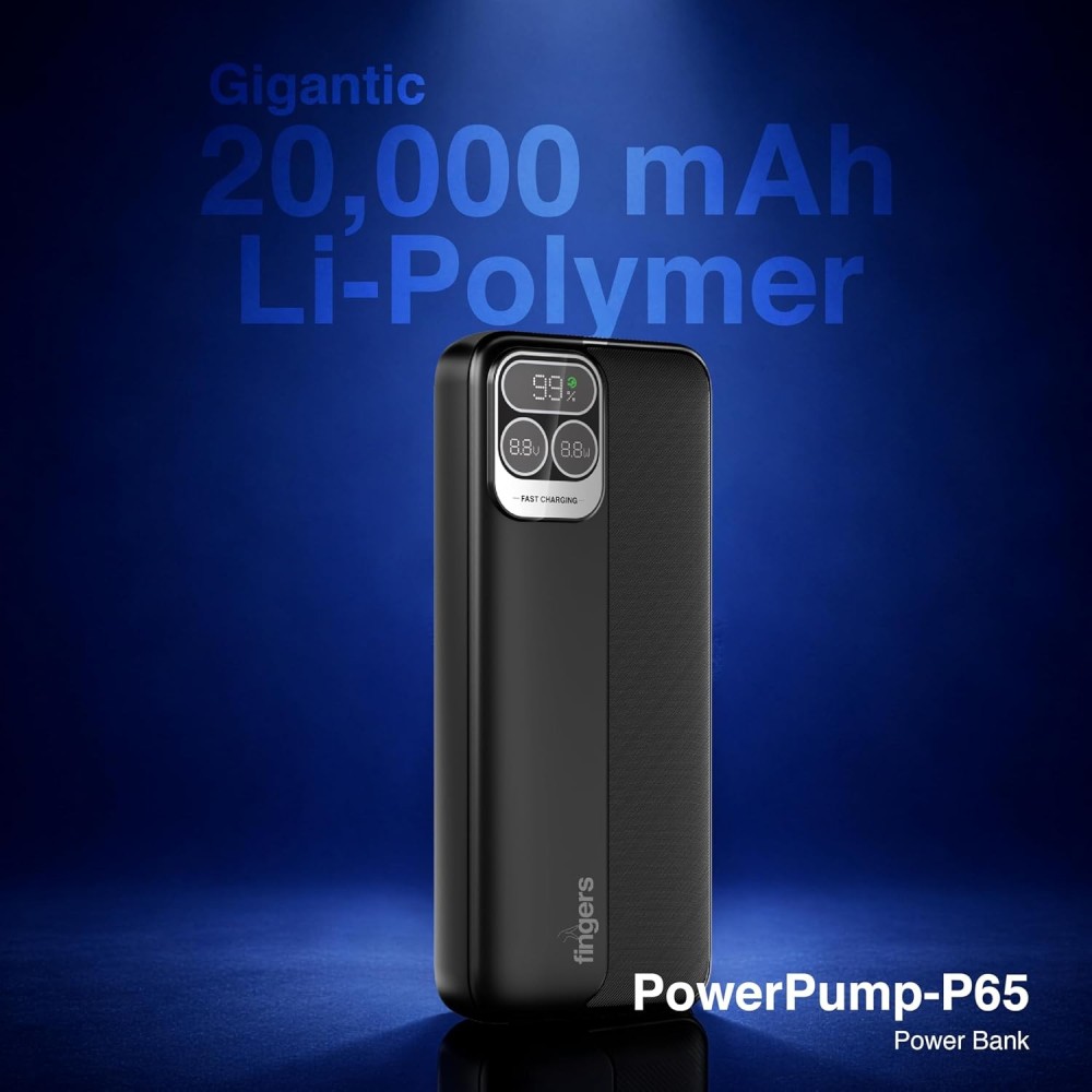 FINGERS PowerPump-P65 20000mAh Power Bank 65W PD Fast Charging with Built-in Cables