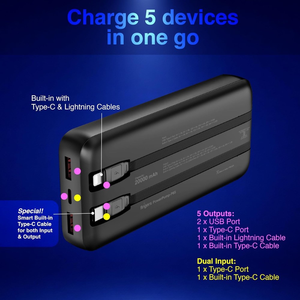 FINGERS PowerPump-P65 20000mAh Power Bank 65W PD Fast Charging with Built-in Cables