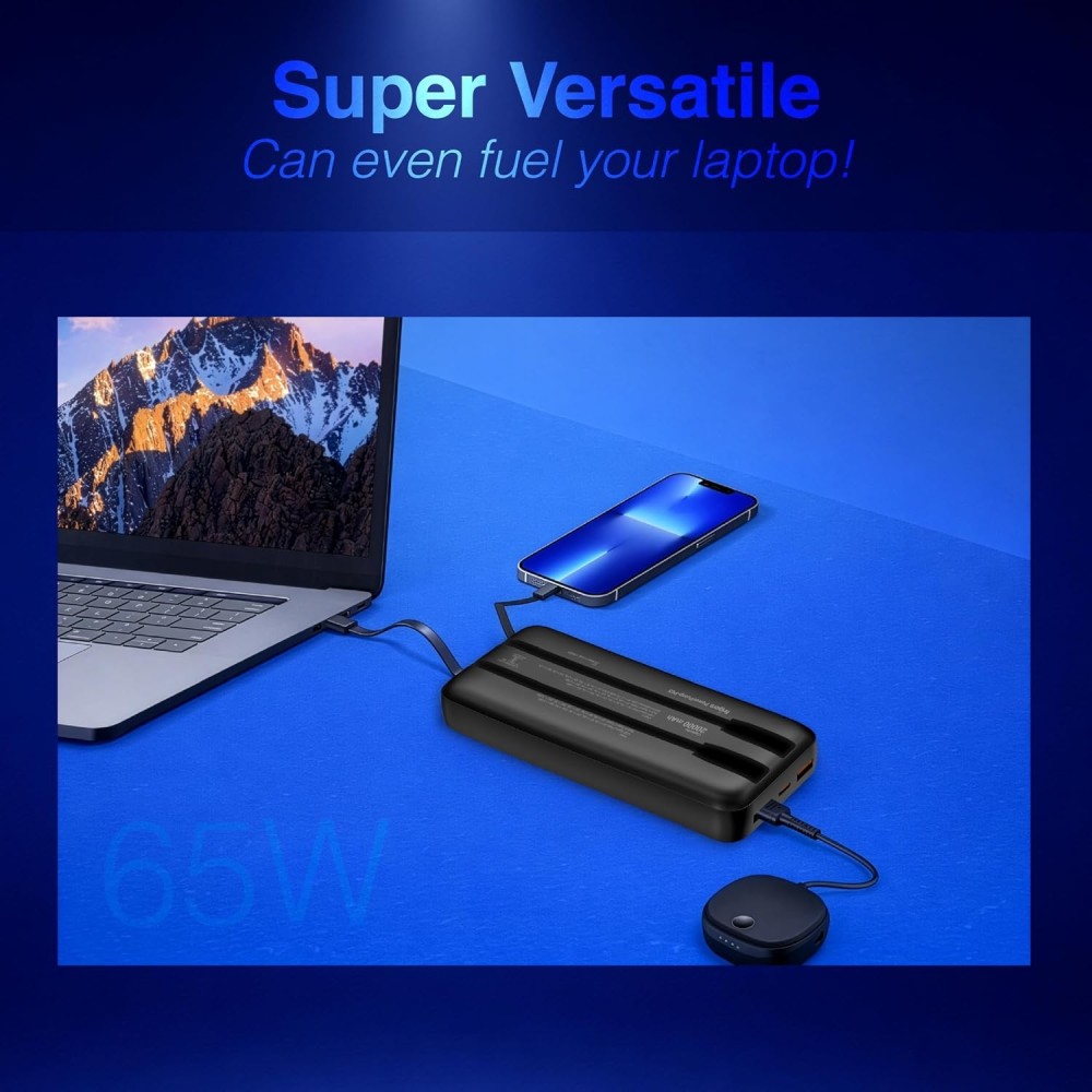 FINGERS PowerPump-P65 20000mAh Power Bank 65W PD Fast Charging with Built-in Cables