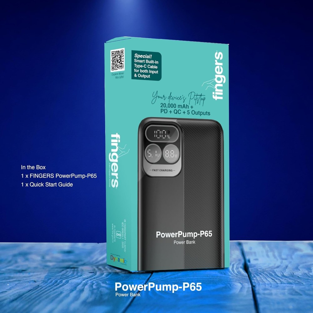 FINGERS PowerPump-P65 20000mAh Power Bank 65W PD Fast Charging with Built-in Cables