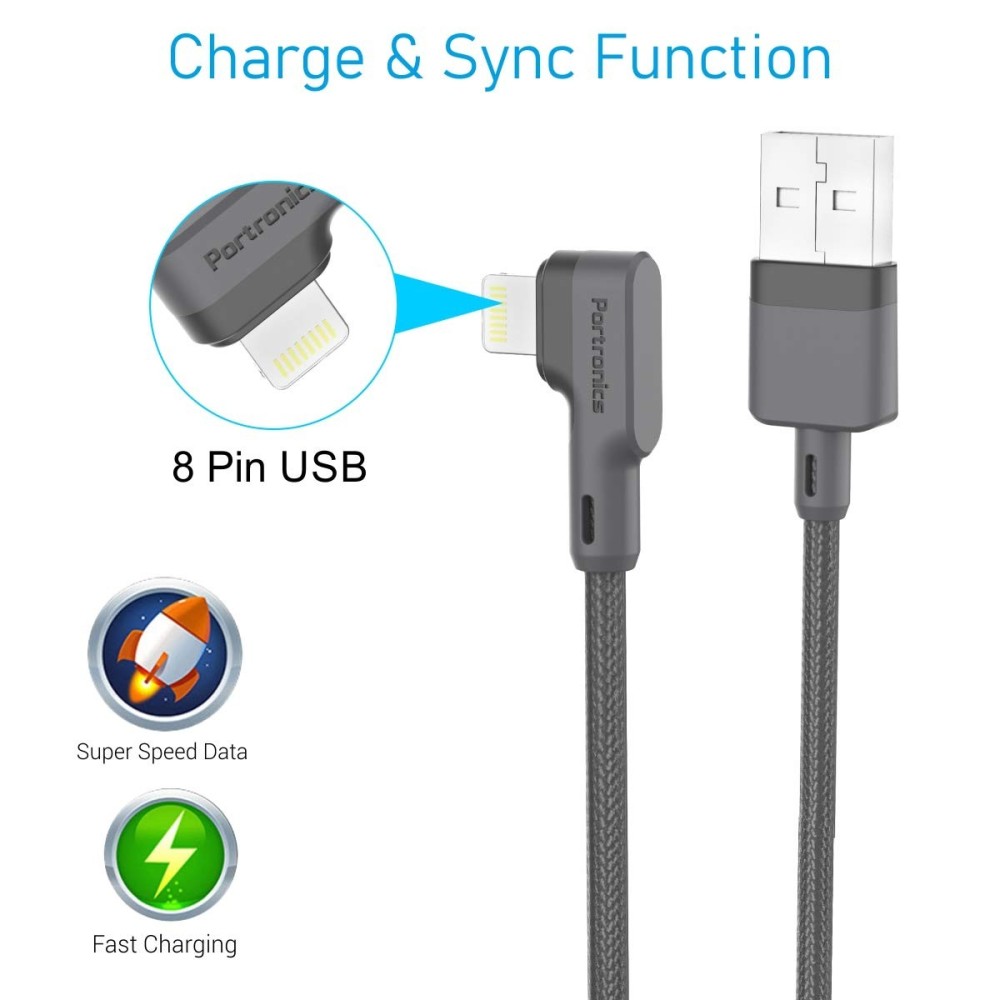 Portronics Konnect L 1.2M Fast Charging 3A 8-Pin USB Cable with Charge & Sync Function for iPhone & iPad – Durable Lightning Data & Charging Cable – (Grey)