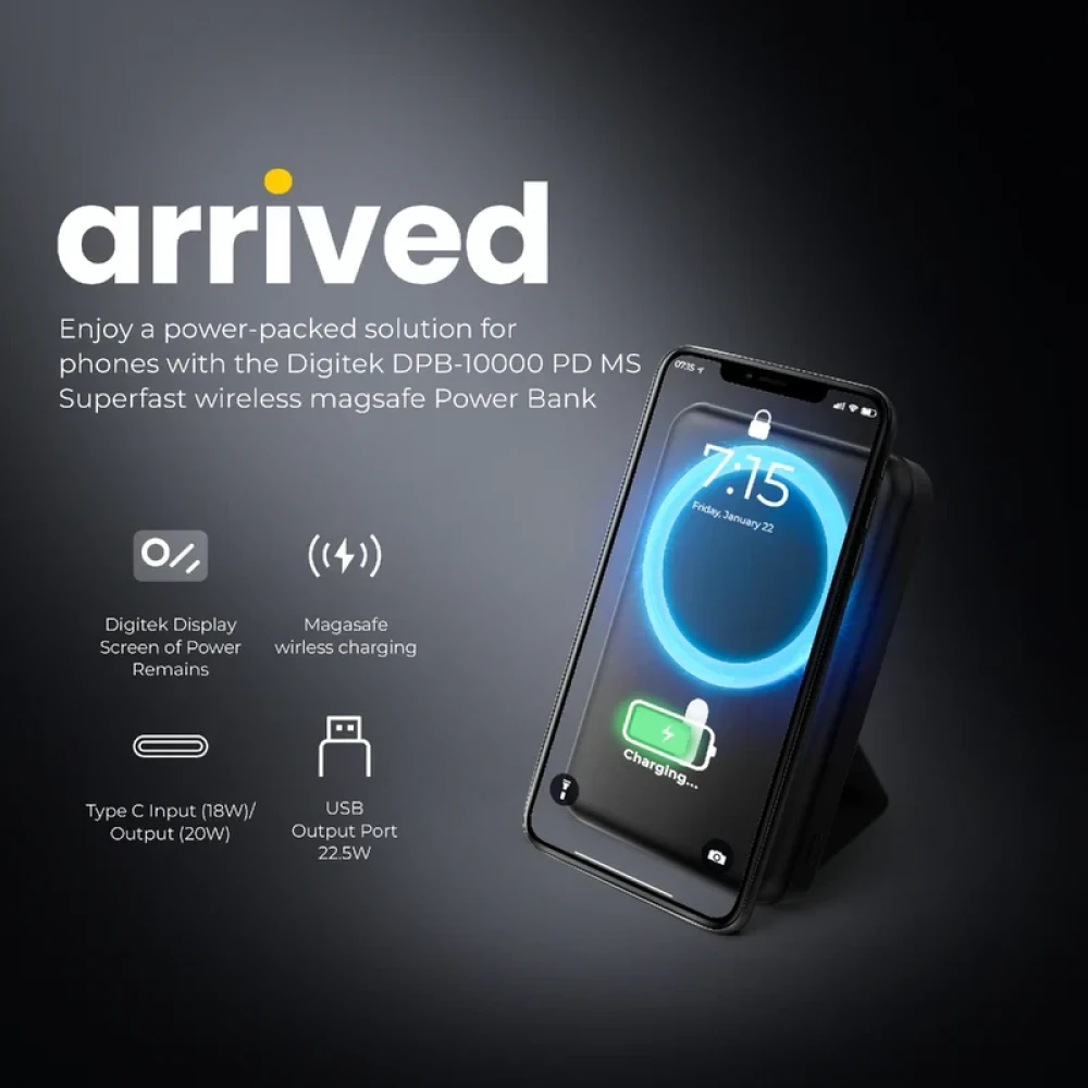 Digitek® (DPB 10000 PD MS) Superfast Wireless Magsafe Power Bank with 20 Watt PD charging & 15W Wireless Charging Black Colour.