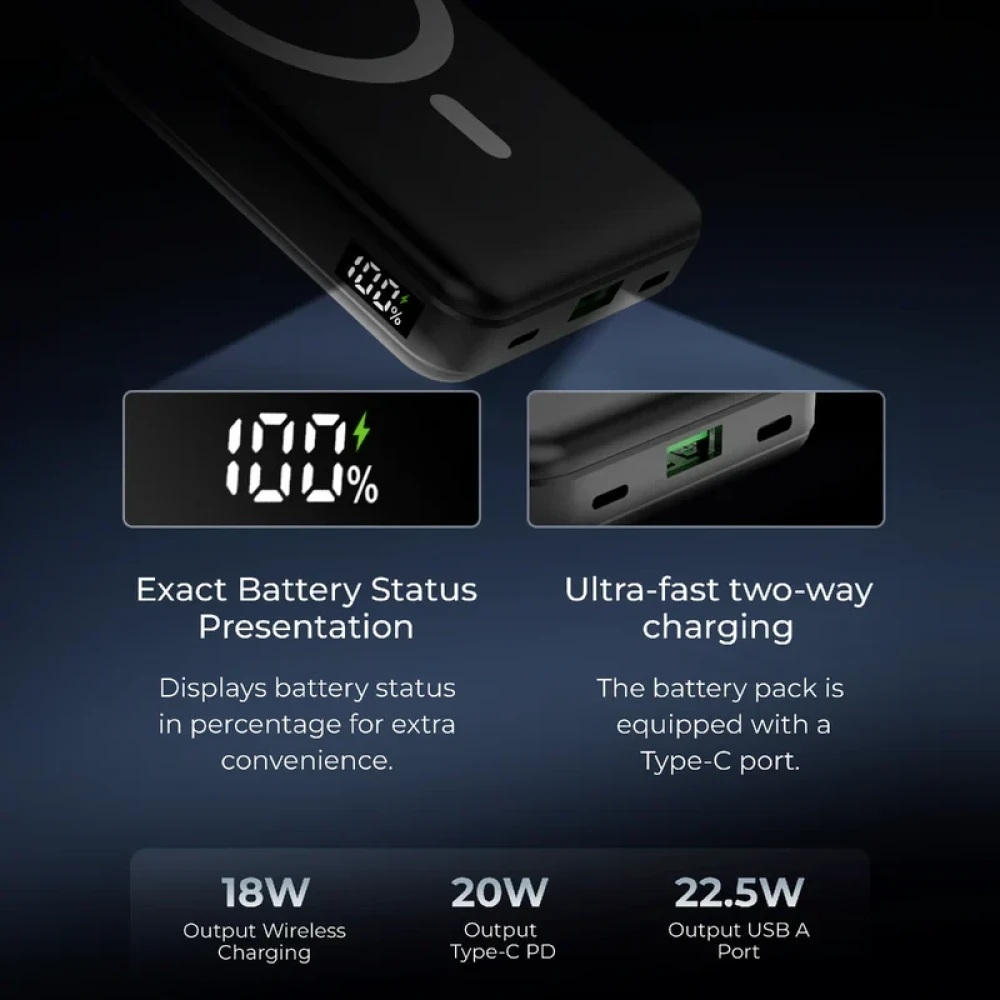 Digitek® (DPB 10000 PD MS) Superfast Wireless Magsafe Power Bank with 20 Watt PD charging & 15W Wireless Charging Black Colour.