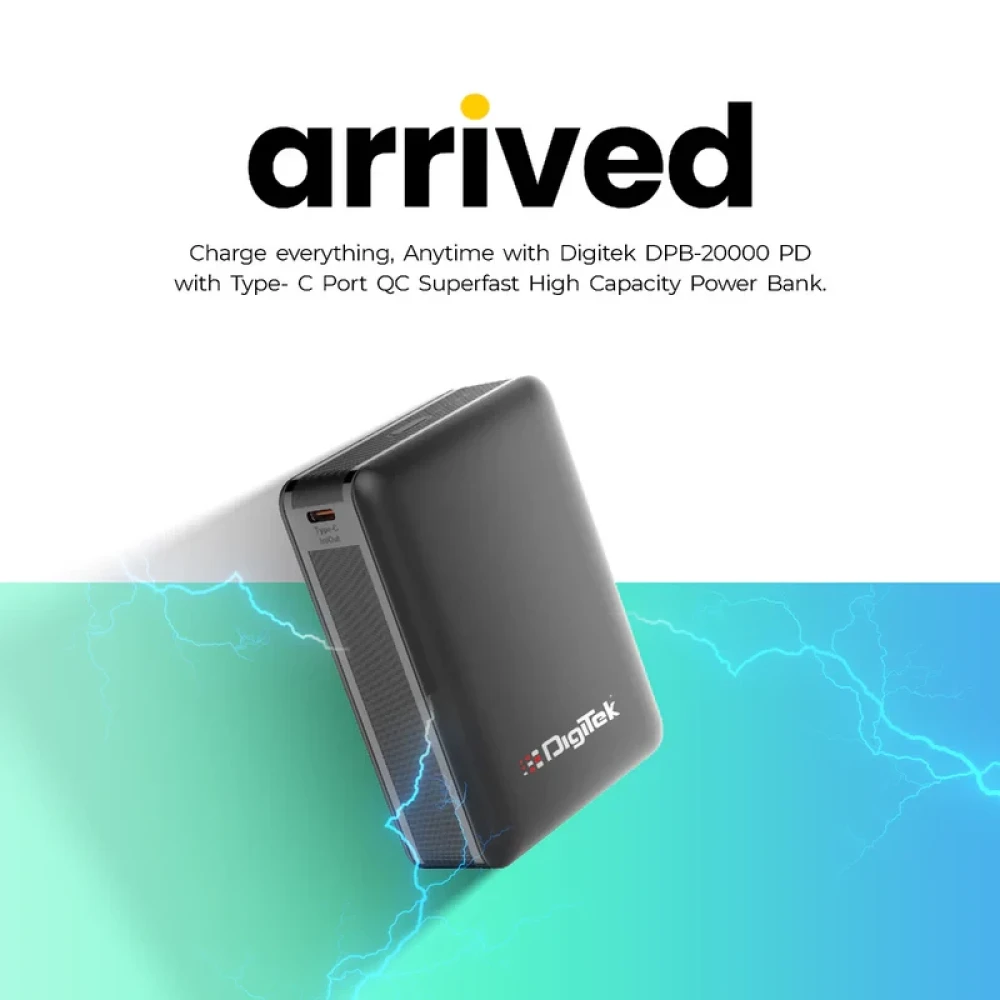 Digitek® (DPB 20000 PD QC) High Capacity Superfast Power Bank with 22.5 Watt PD / QC charging with Type C Port (20000 mAh) with Black.